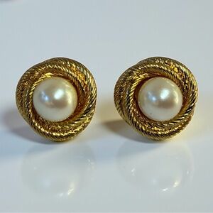 Vintage Monet Signed Gold-Tone Faux Pearl Knot Earrings